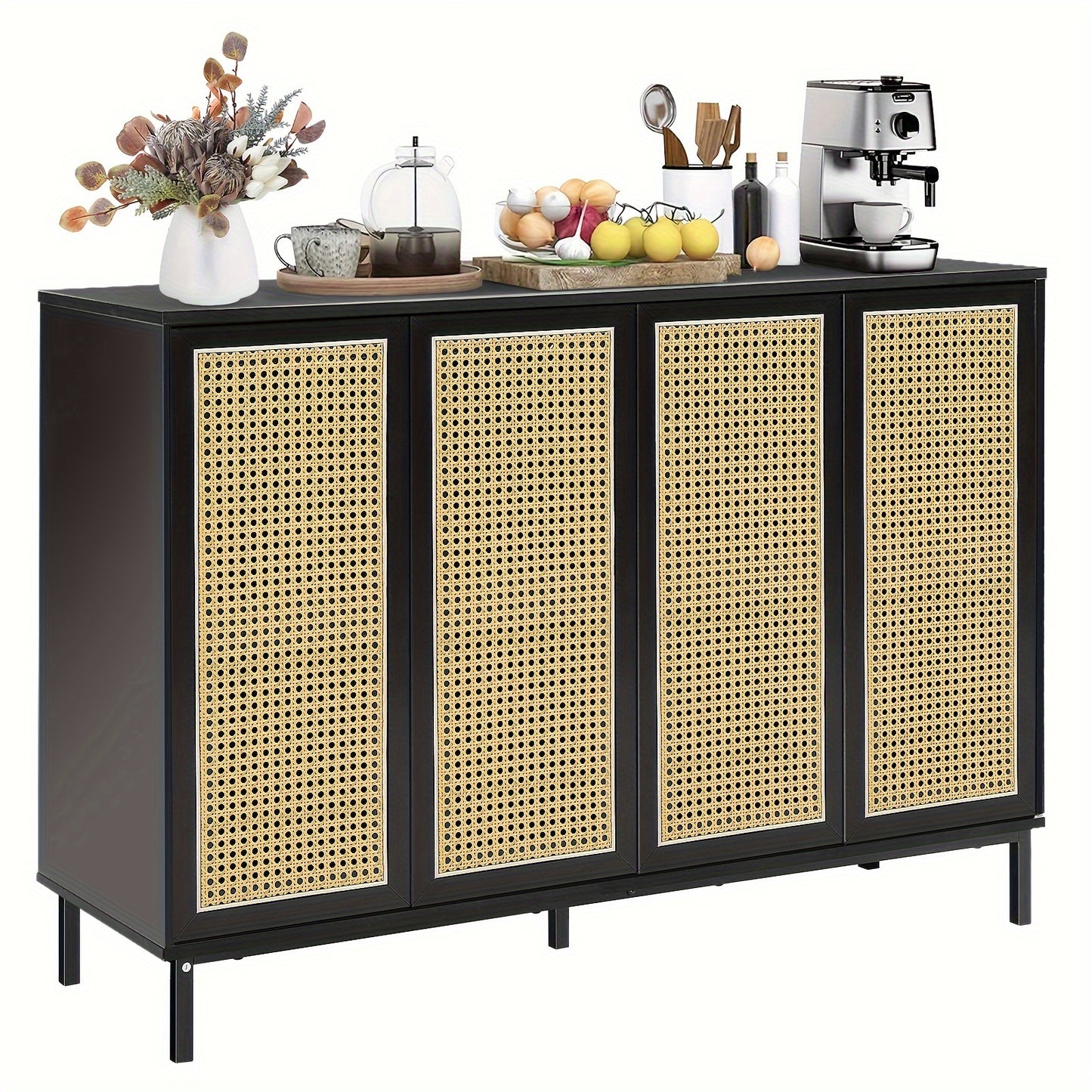 Buffets Cabinet Storage, Rattan Décor 4-Door