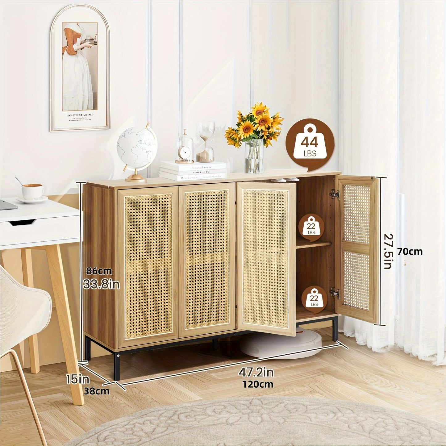 Buffets Cabinet Storage, Rattan Décor 4-Door