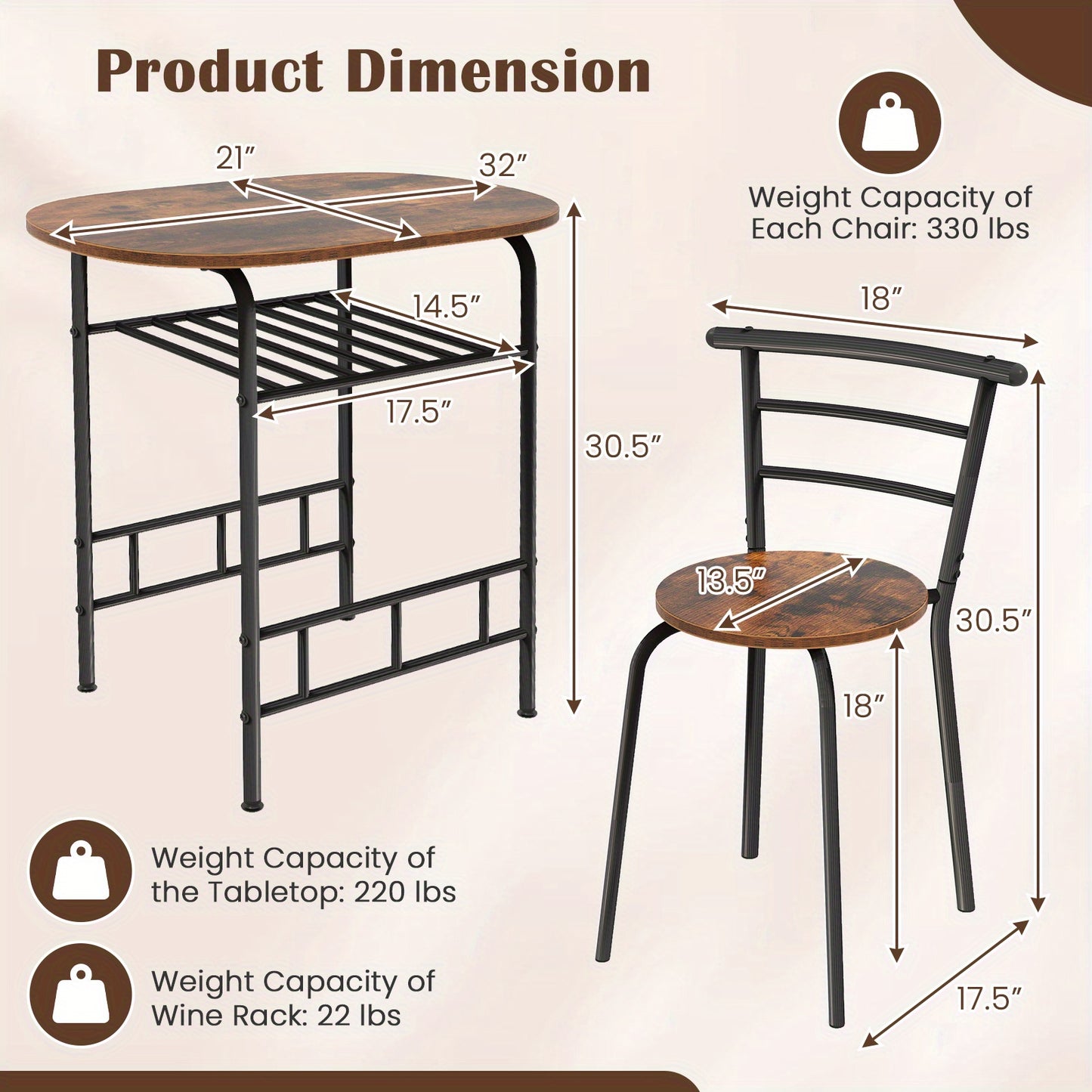 Chic 3pcs Bistro Dining Set with Built-In Wine Rack