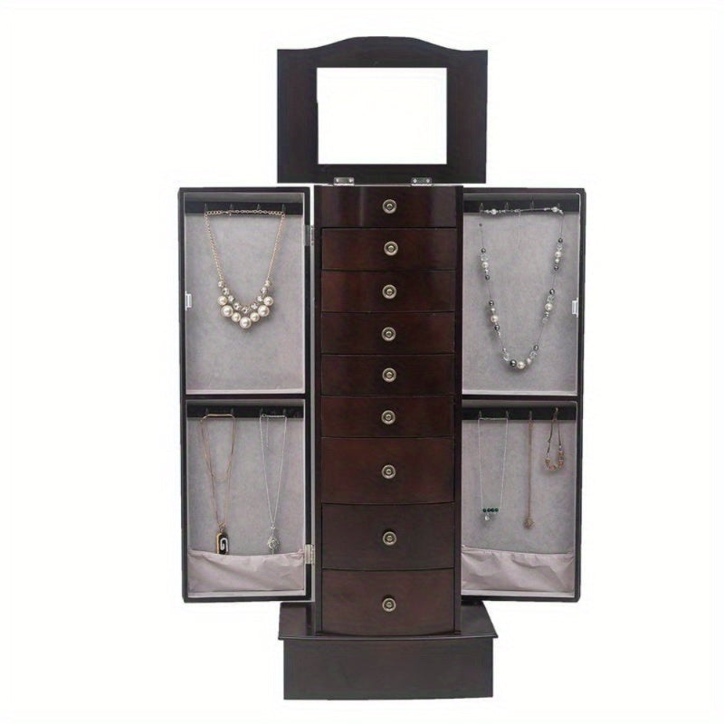 Elegant Wooden Jewelry Mirror Cabinet with 8 Drawers & Double Doors