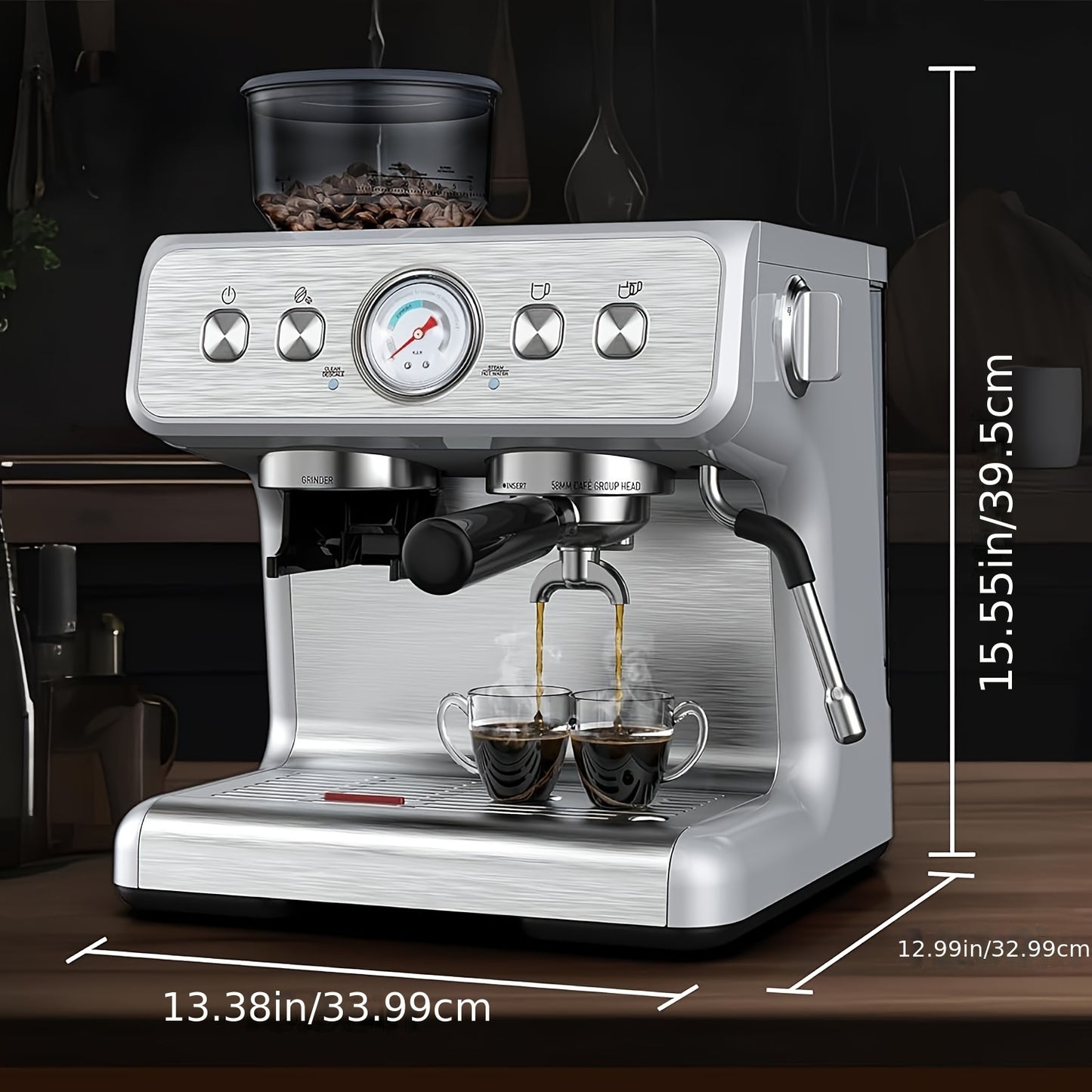 20 Bar Stainless Steel Espresso Machine with Grinder