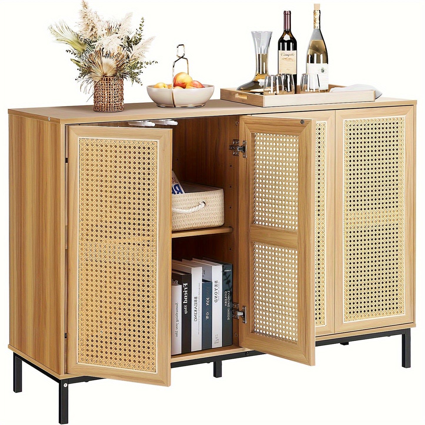 Buffets Cabinet Storage, Rattan Décor 4-Door