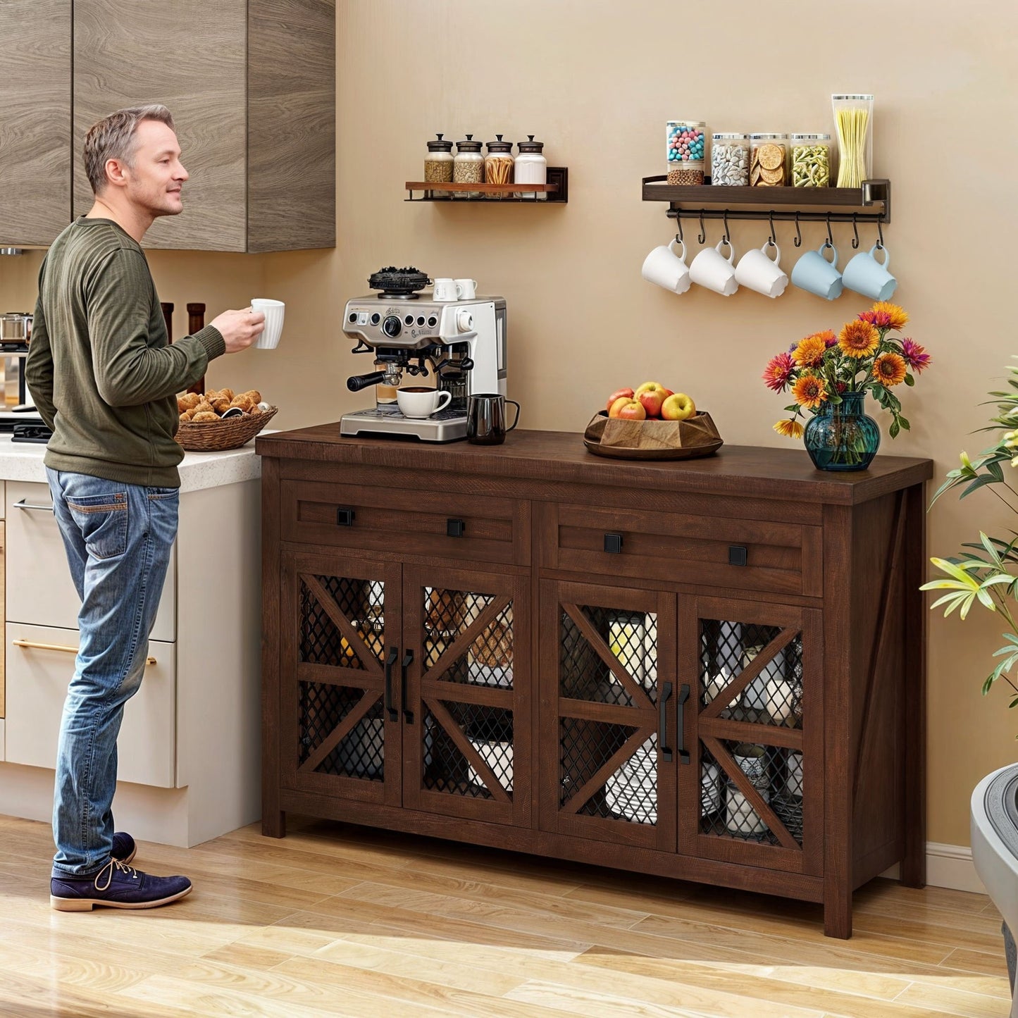 Adjustable Shelves Sideboard Buffet Cabinet with Drawers and Doors