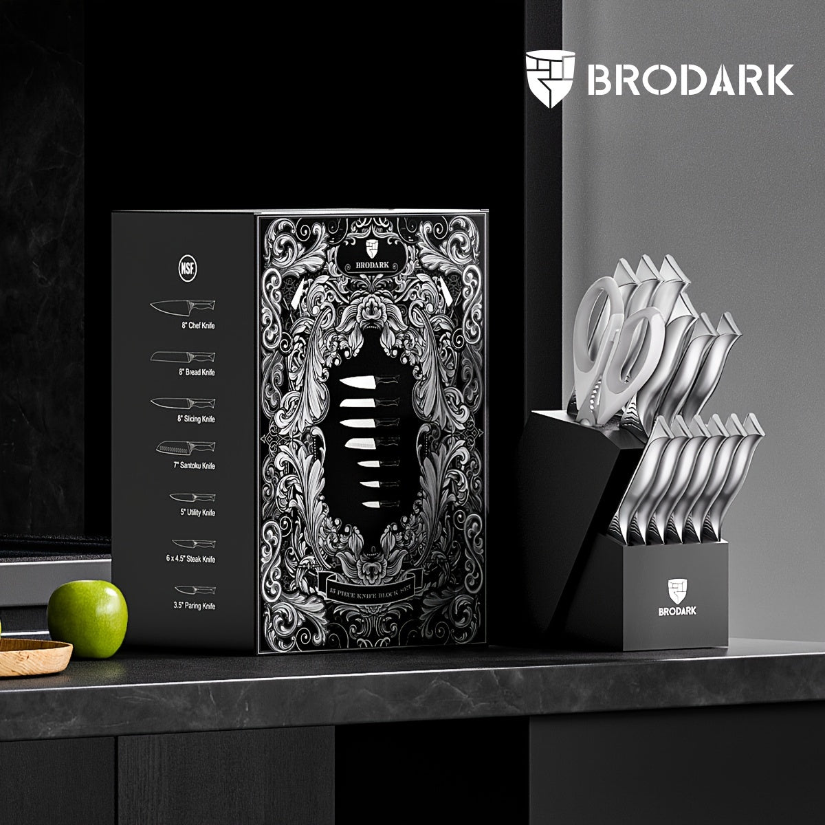 15pcs Brodark Kitchen Knife Set With Block