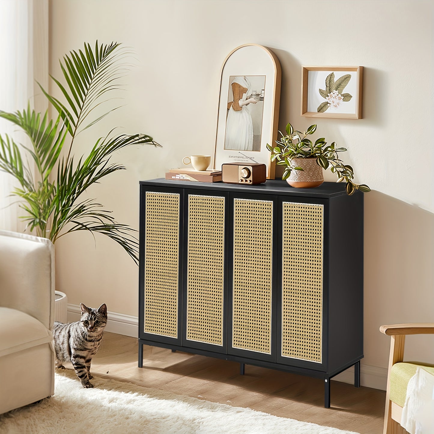 Buffets Cabinet Storage, Rattan Décor 4-Door