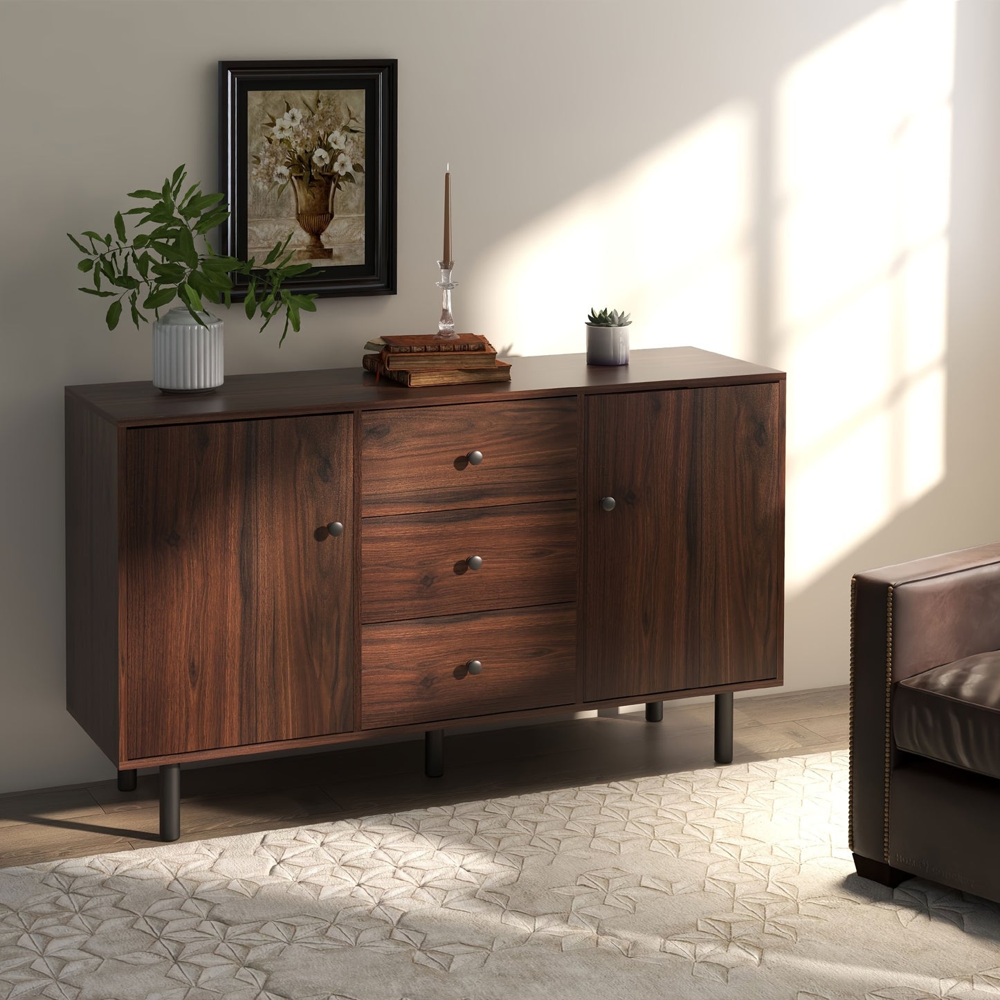 Buffet Cabinet, With 2 Cupboards, 3 Drawers And Adjustable Shelves