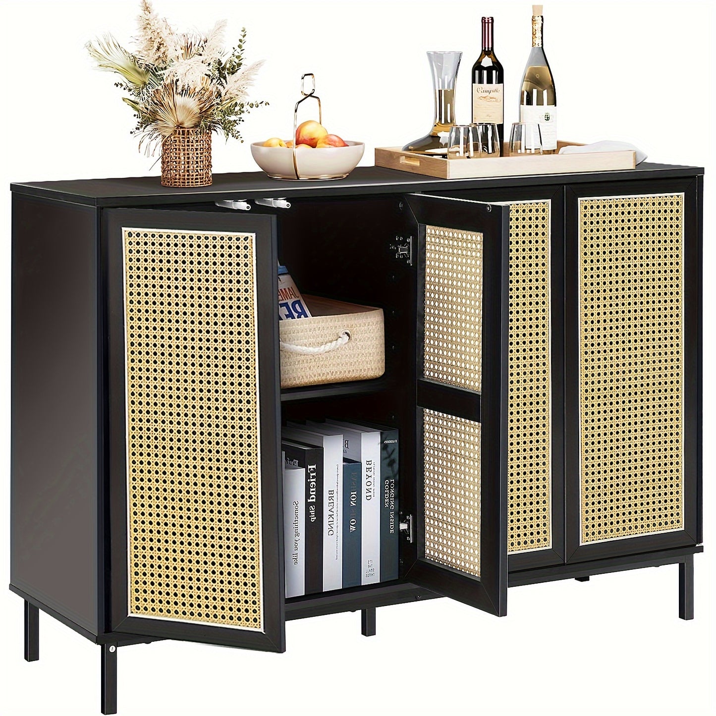 Buffets Cabinet Storage, Rattan Décor 4-Door