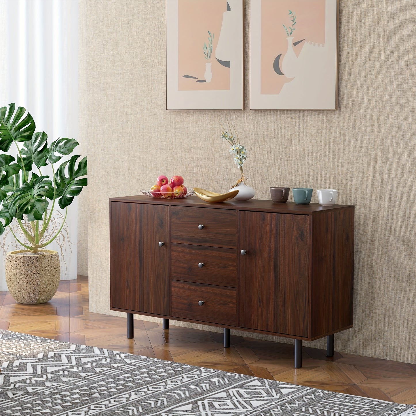 Buffet Cabinet, With 2 Cupboards, 3 Drawers And Adjustable Shelves