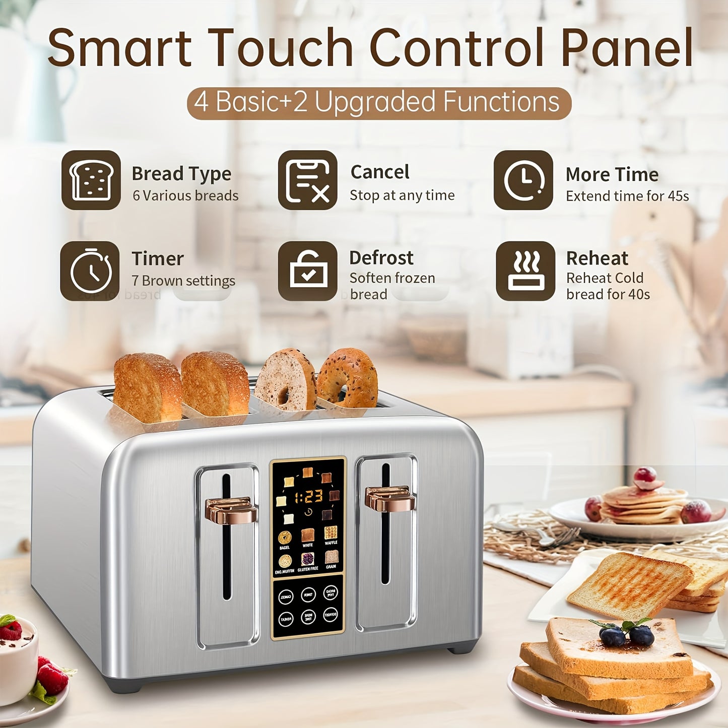 Toaster 4 Slice, Stainless Toaster LCD Display & Touch Button