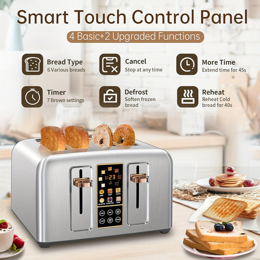 Toaster 4 Slice, Stainless Toaster LCD Display & Touch Button