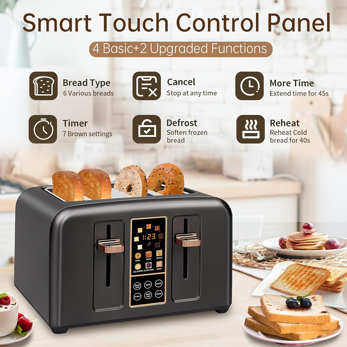 Toaster 4 Slice, Stainless Toaster LCD Display & Touch Button