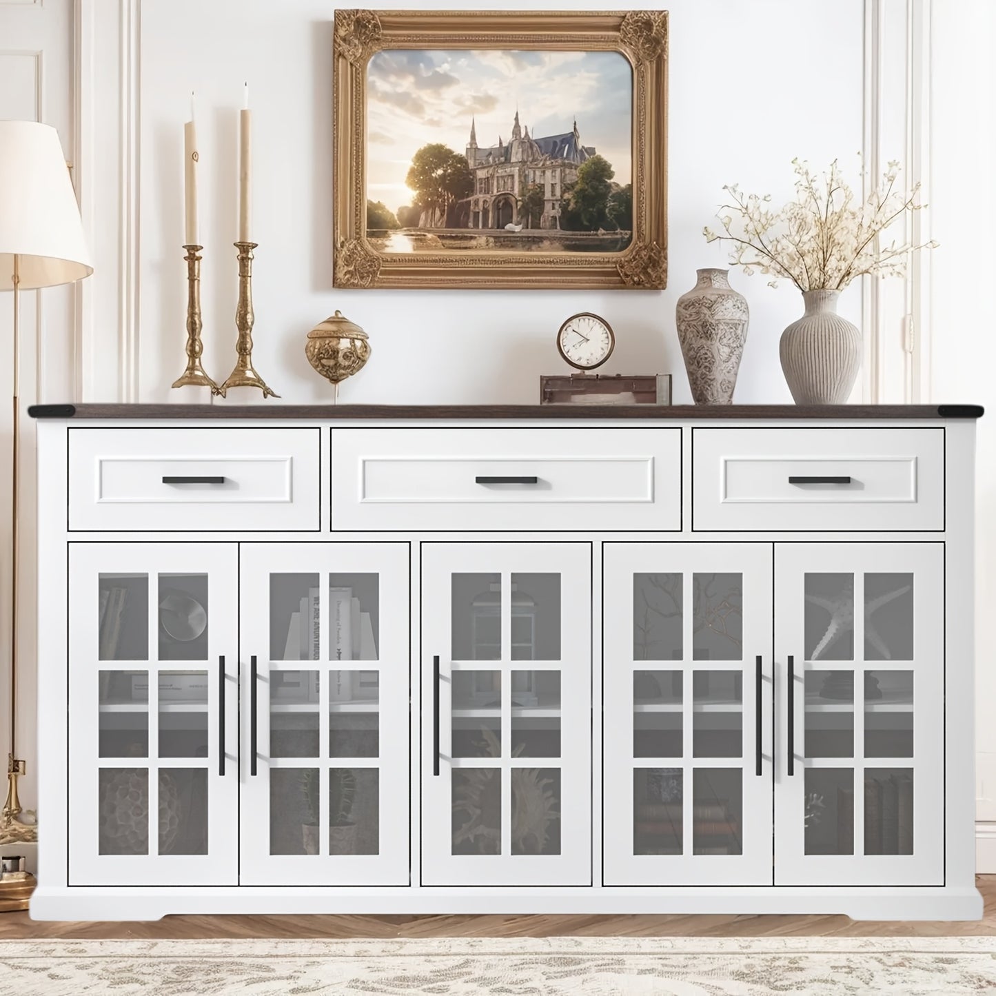 63" Farmhouse Style Large Buffet Side Cabinet