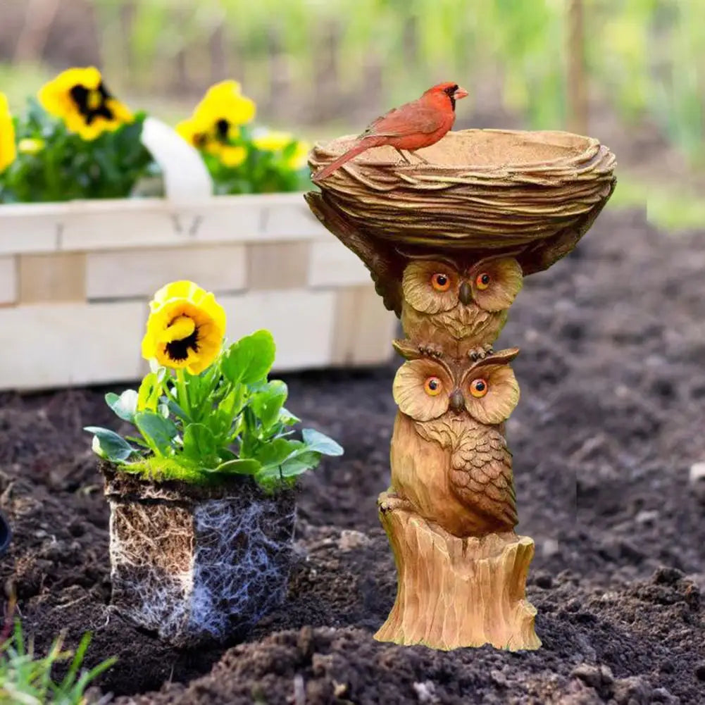 Resin Owl And Birds Bird Bath