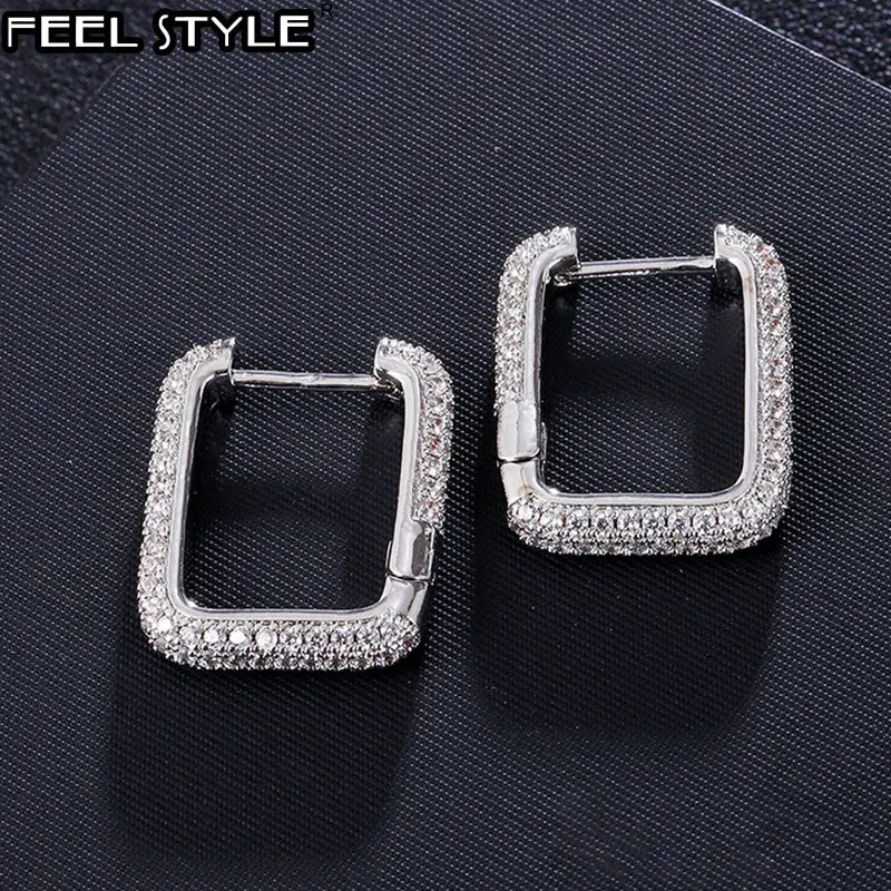 1Pair Iced Square Brass Micro Paved  CZ Zircon Stone Earrings