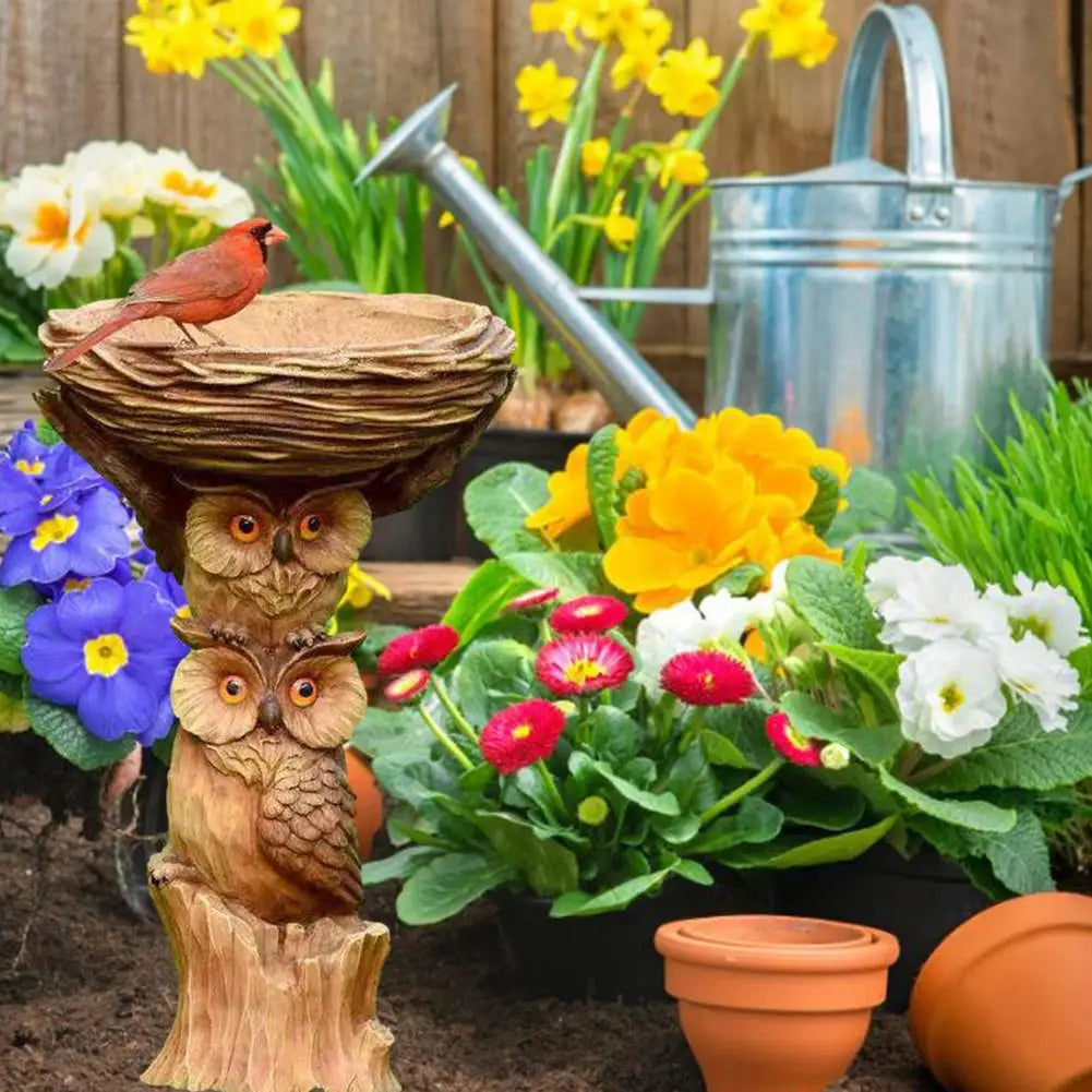 Resin Owl And Birds Bird Bath