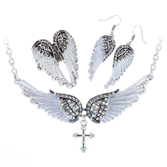 Angel Wing Cross Necklace Earrings Ring Sets