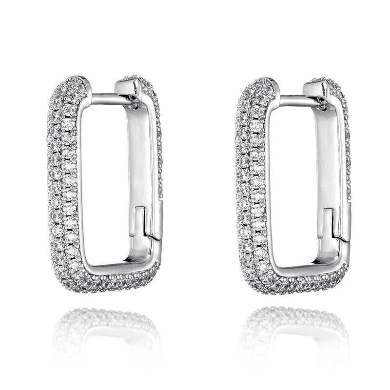 1Pair Iced Square Brass Micro Paved  CZ Zircon Stone Earrings