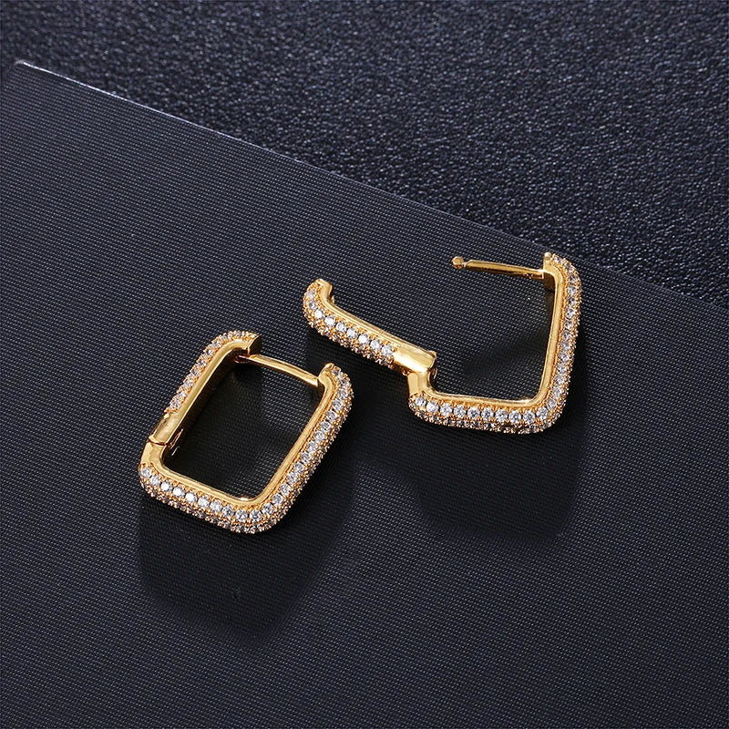 1Pair Iced Square Brass Micro Paved  CZ Zircon Stone Earrings