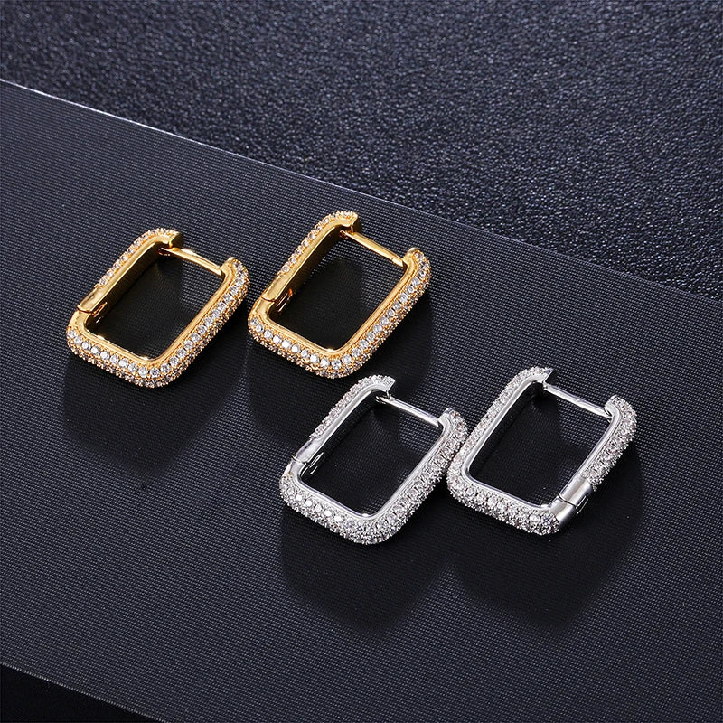 1Pair Iced Square Brass Micro Paved  CZ Zircon Stone Earrings