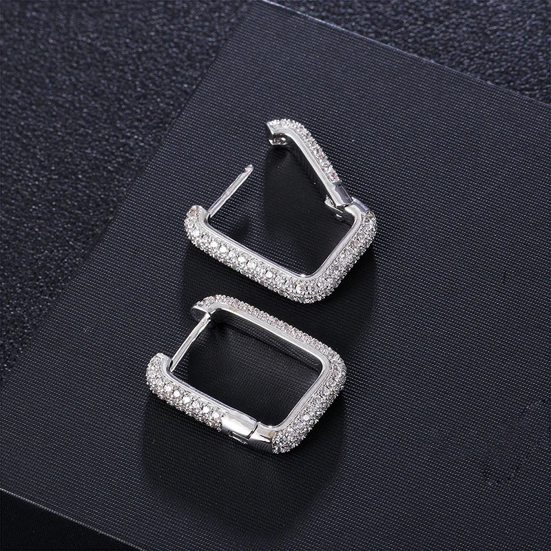 1Pair Iced Square Brass Micro Paved  CZ Zircon Stone Earrings