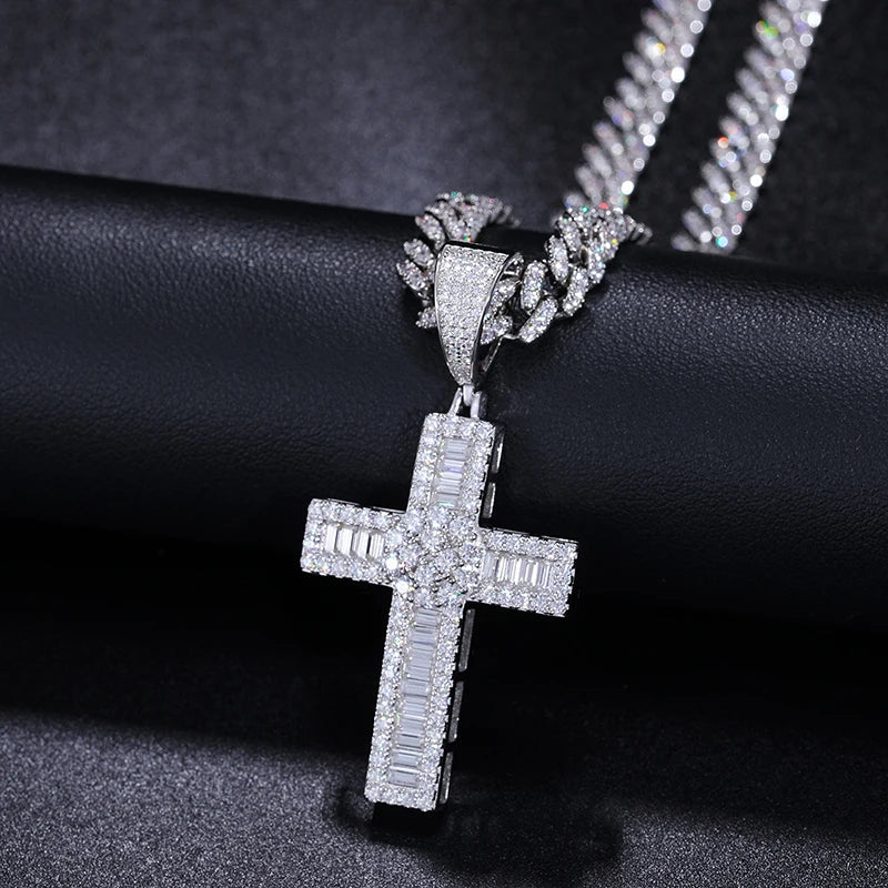 Sparkling Moissanite Men Women Cross Pendant Necklace