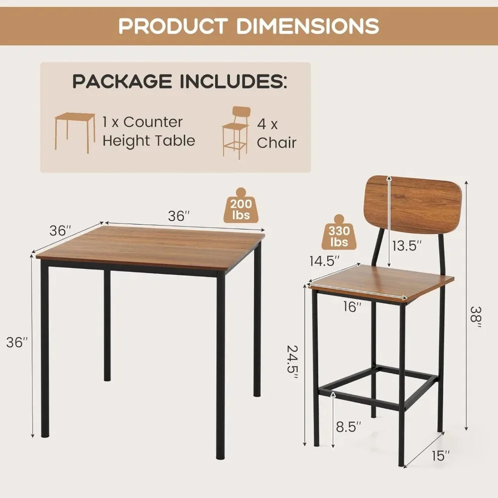 5-Piece Dining Table Set W/Counter Height Table & 4 Bar Stools