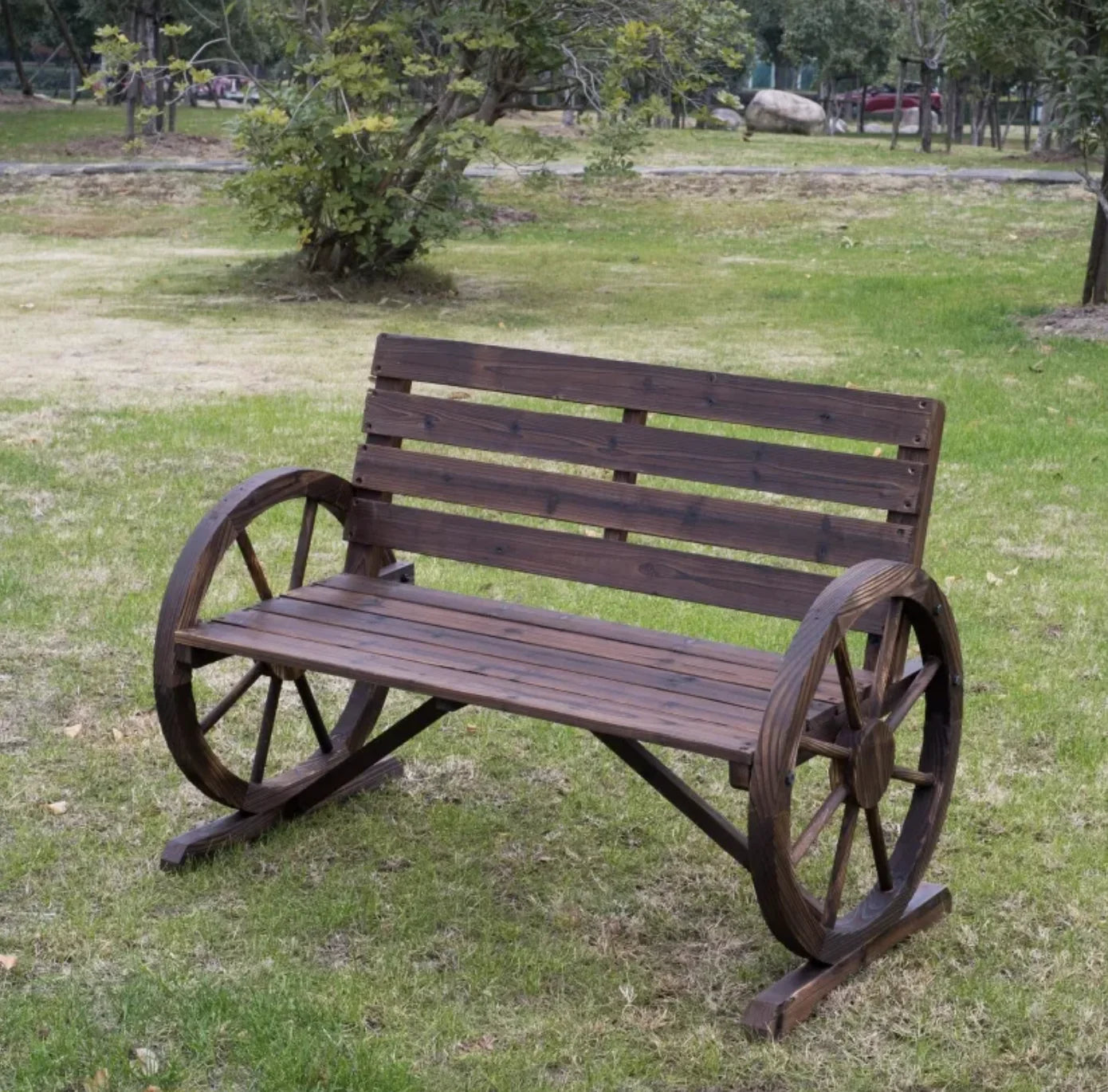 Rustic Wagon Wheel Wooden Bench