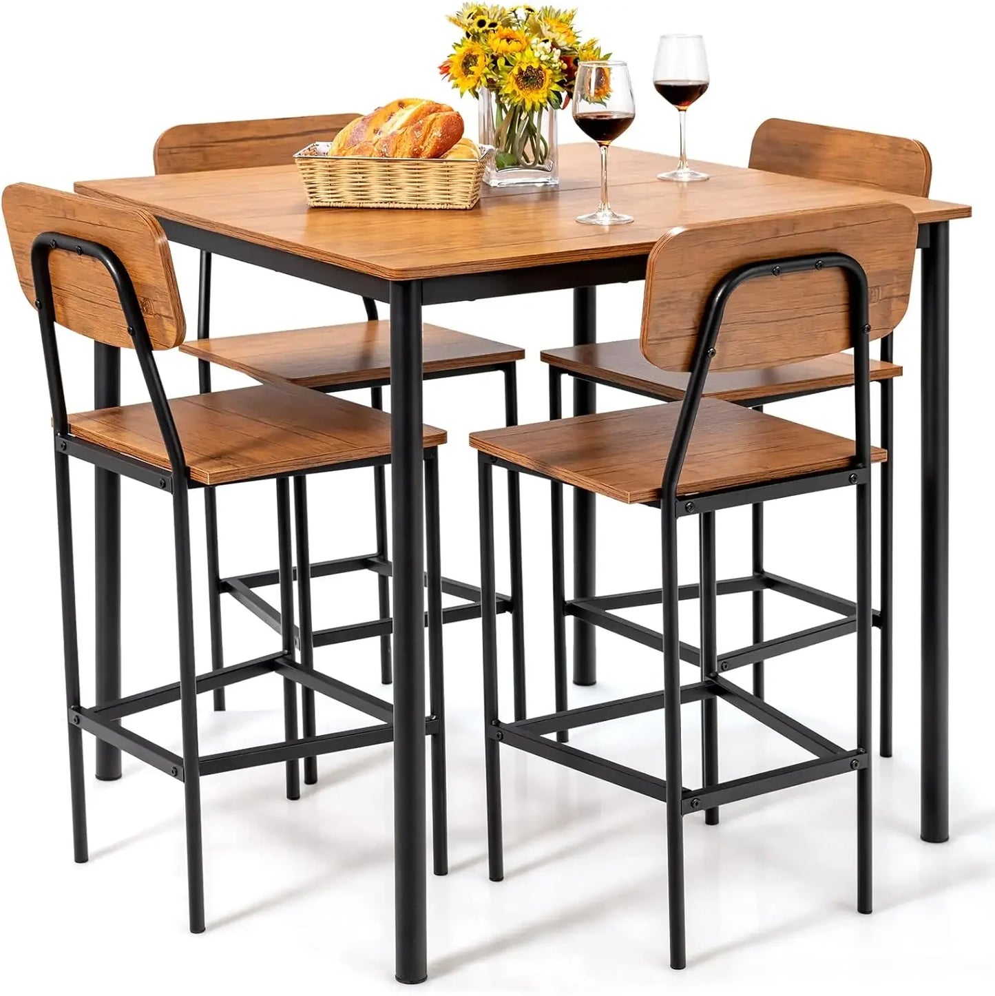 5-Piece Dining Table Set W/Counter Height Table & 4 Bar Stools