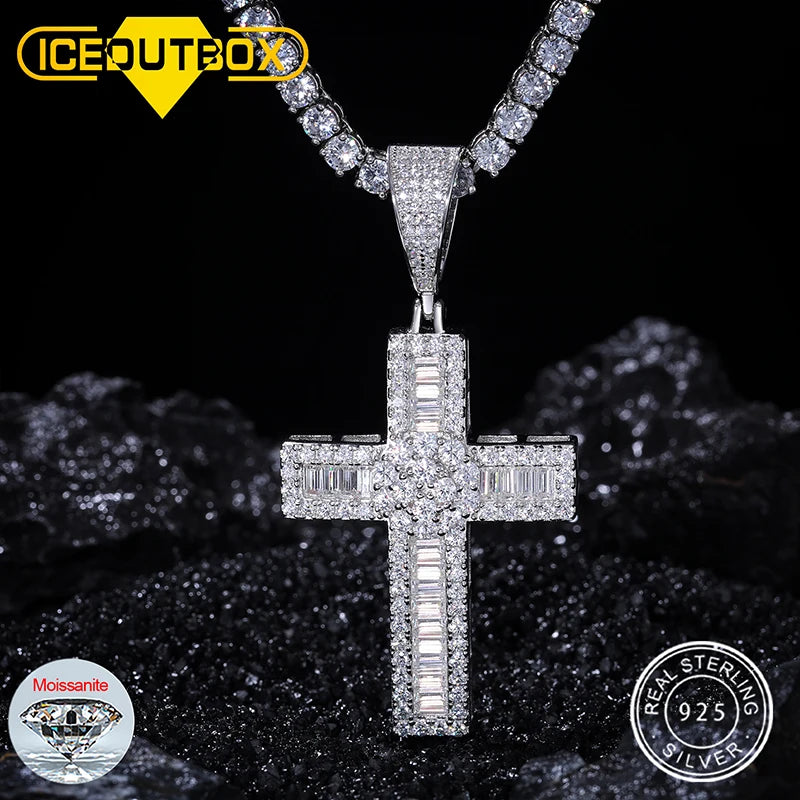 Sparkling Moissanite Men Women Cross Pendant Necklace