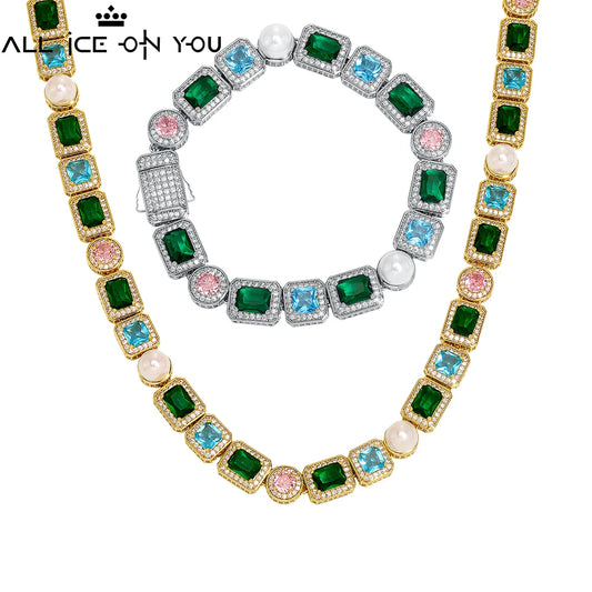 Colorful 10mm Square Tennis Chain Necklace & Bracelet