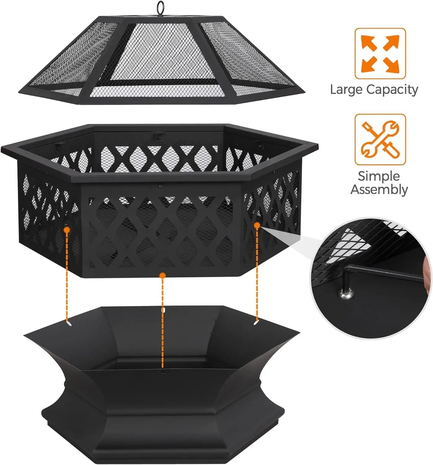 Fire Pit 24in Hex Shaped with Spark Screen&Poker