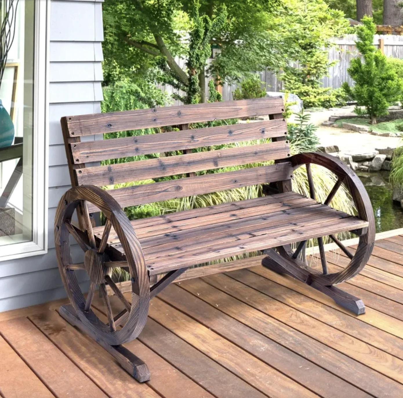 Rustic Wagon Wheel Wooden Bench