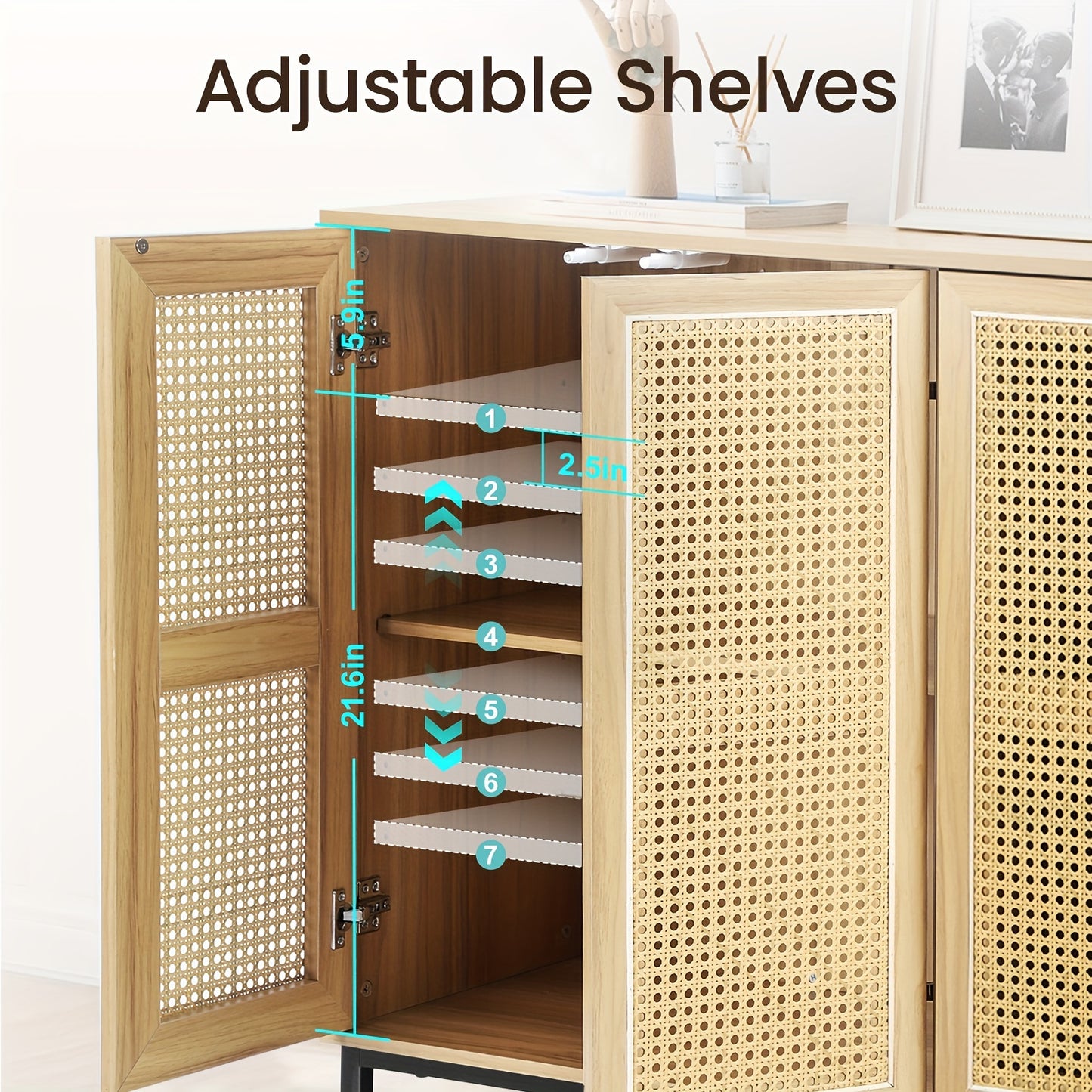 Buffets Cabinet Storage, Rattan Décor 4-Door