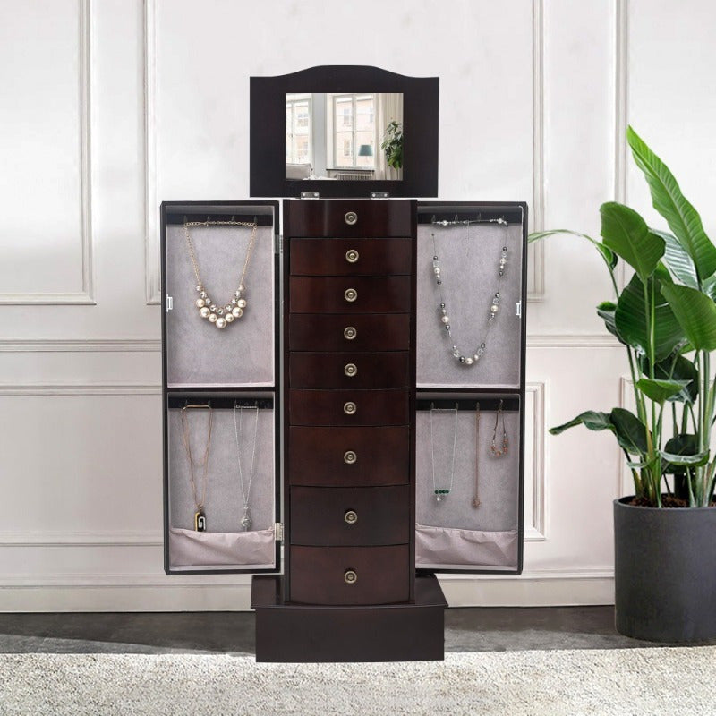 Elegant Wooden Jewelry Mirror Cabinet with 8 Drawers & Double Doors