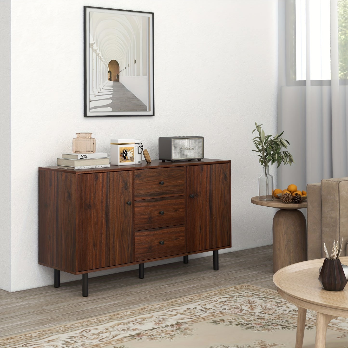 Buffet Cabinet, With 2 Cupboards, 3 Drawers And Adjustable Shelves