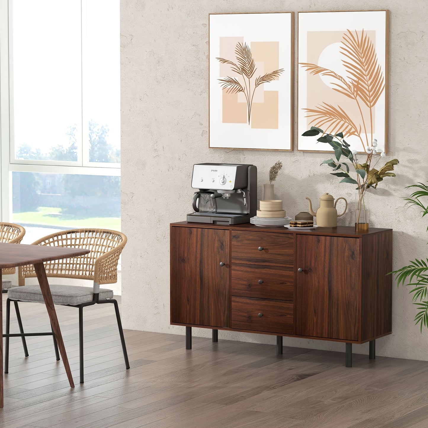 Buffet Cabinet, With 2 Cupboards, 3 Drawers And Adjustable Shelves