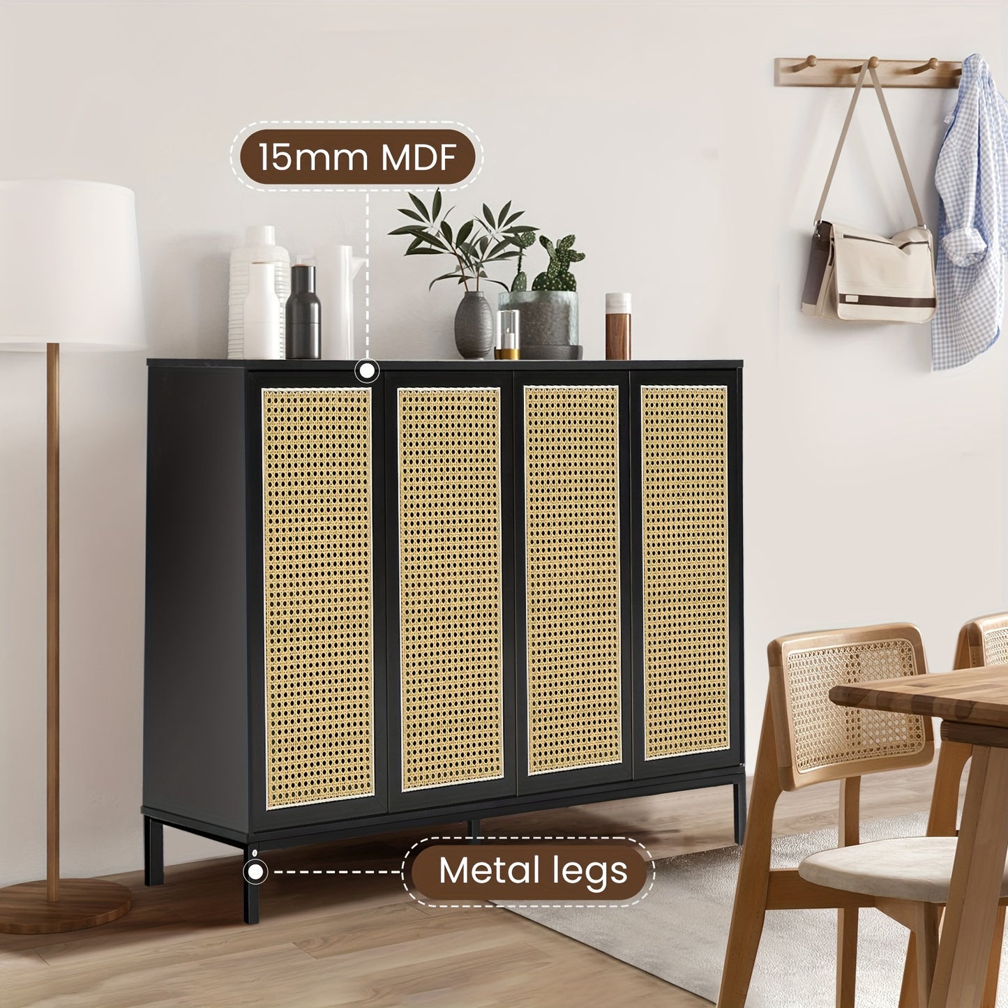 Buffets Cabinet Storage, Rattan Décor 4-Door