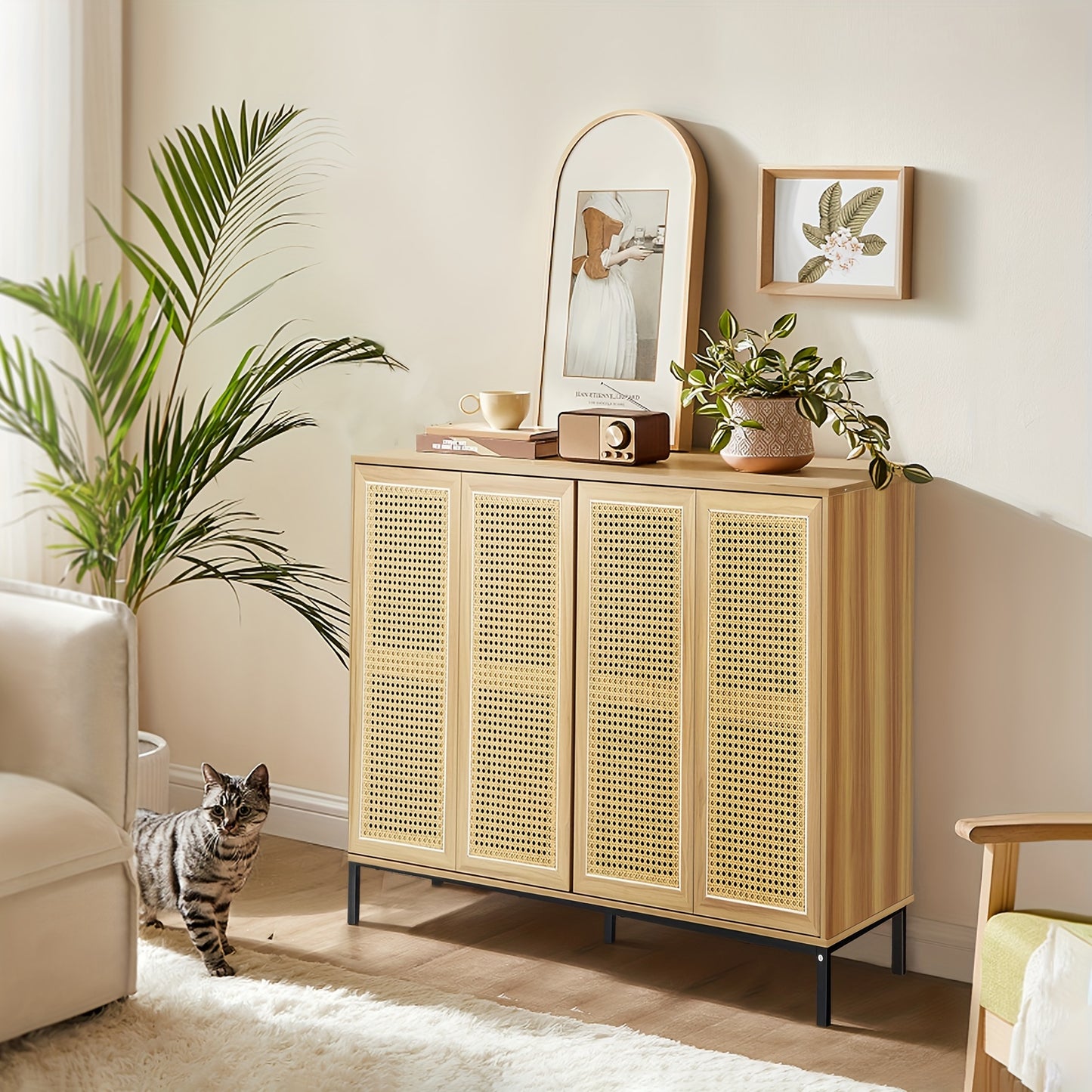 Buffets Cabinet Storage, Rattan Décor 4-Door