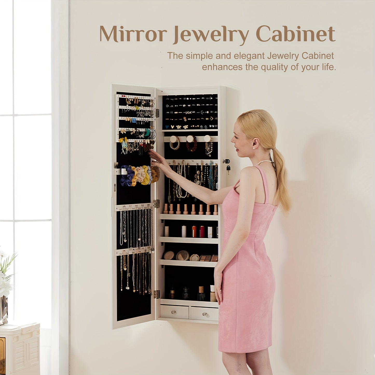 White Rotatable Jewelry Cabinet with Full Length Mirror